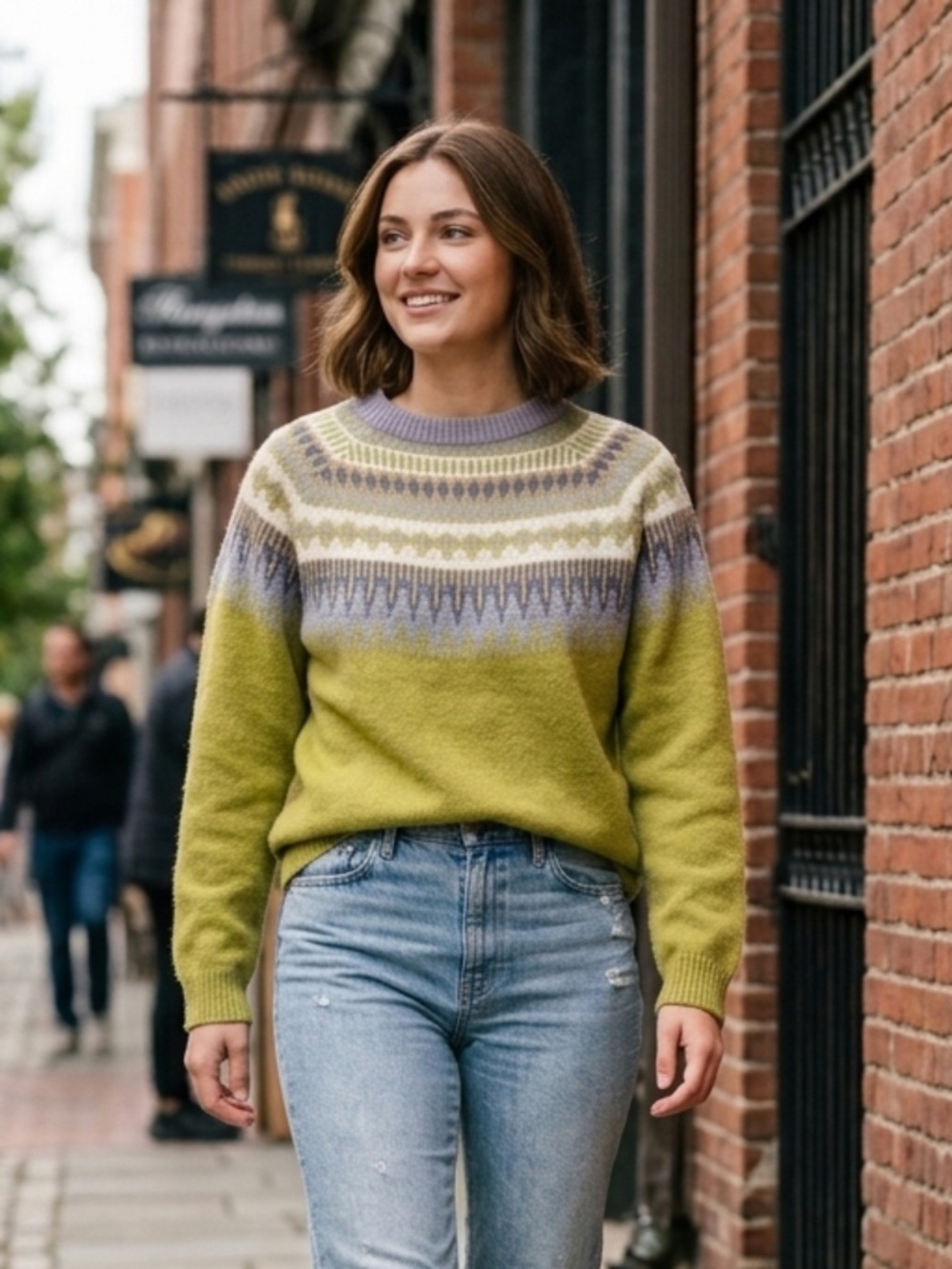 Fair Isle Knit Yoke Sweater Olive Chartreuse Green Purple Geometric Crew S